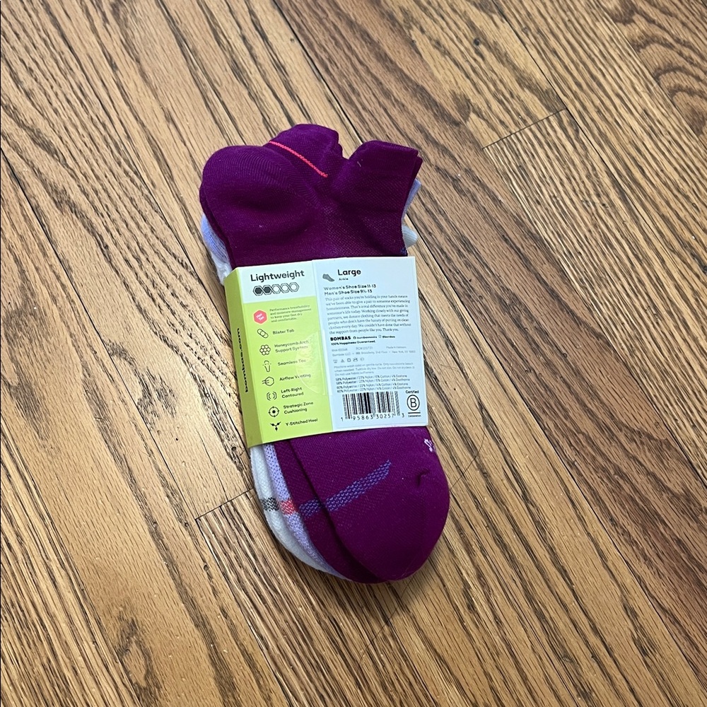 NWT NEW BOMBAS 3-pack running socks hex-Tex sz L Lightwt white purple lavender - Picture 3 of 4